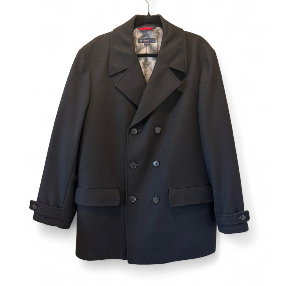 Daniel Cremieux Men’s Classic Black Pea Coat 100% Wool w/ Gingham Lining Large